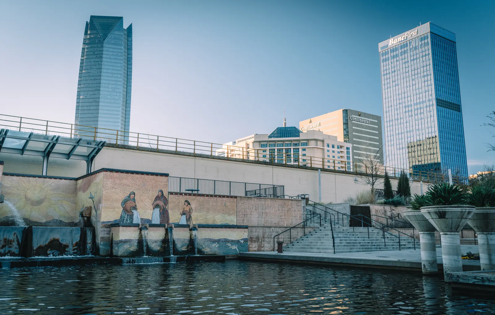The Bricktown Canal with Devon Tower and the downtown Oklahoma City skyline
